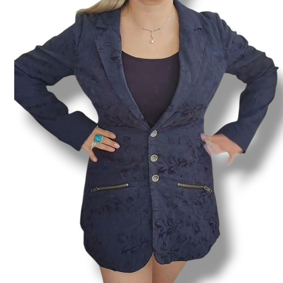 Free people Goth Navy black brocade corset lace up Blazer Jacket Vamp  victorian - Picture 2 of 12